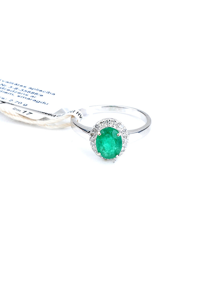 Baltā zelta gredzens ar briljantiem un smaragdu (A)